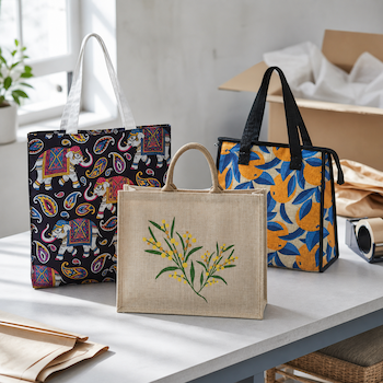Three patterned tote bags on a table — one with an elephant print, one jute bag with a floral sprig, and one with a blue leaf print.